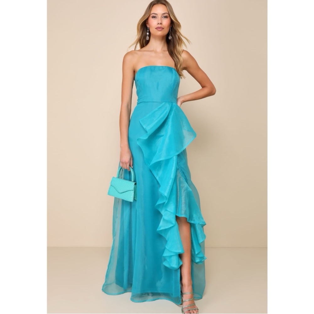 NWT Lulu’s Exquisite Ease Teal Organza Strapless Ruffled Maxi Dress Sz small